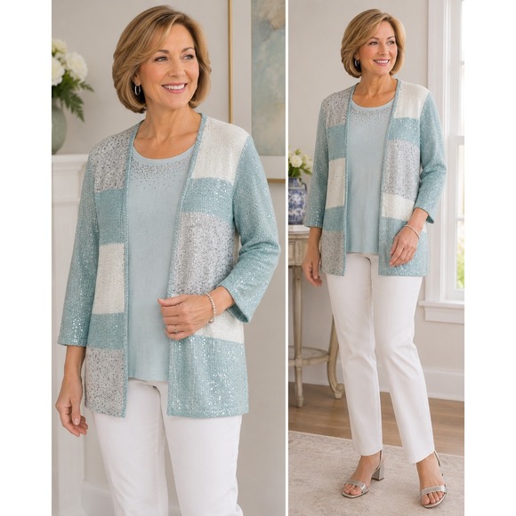 Alfred Dunner Sweaters - Alfred Dunner W's Aqua Sequin 2 Piece Cardigan and Embellished Tank Set Size M‎
